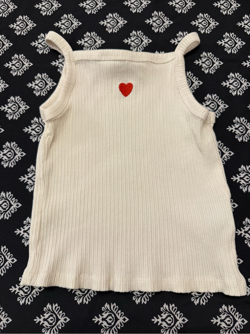H&M Girls 6X 7 Ivory Ribbed Tank Top Red Heart Embroidered Cotton Stretch